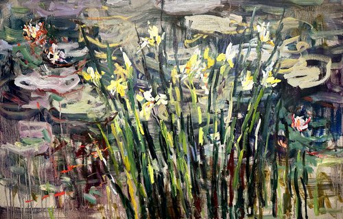 Wild irises at the edge of the pond by Lilia Orlova-Holmes