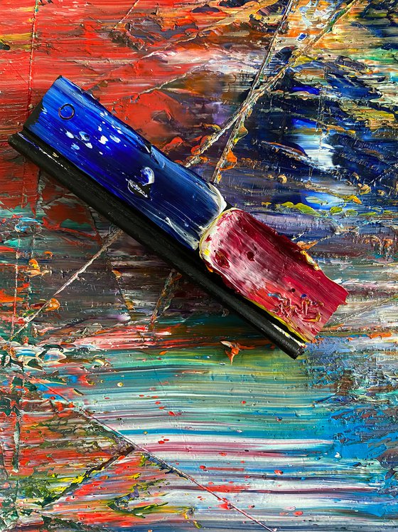 "A Hard Pill To Swallow" - Original PMS Mixed Media Assemblage Sculptural Painting on Recycled Wooden Coffee Table, - 50 x 22 inches