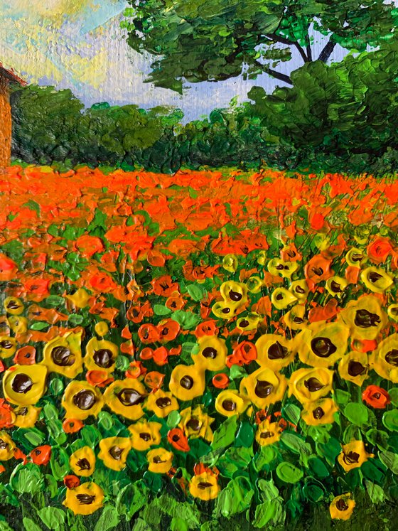 House in flower field ! Miniature Painting!!  Ready to hang