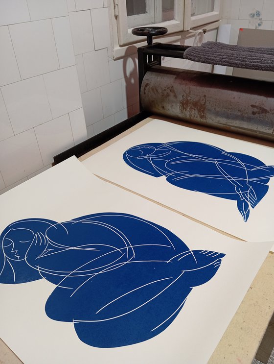 Linoprint "Blue nude-1" 50x70cm