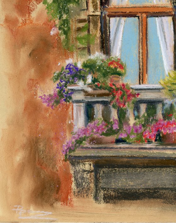 Balcony with flowers (pastel)