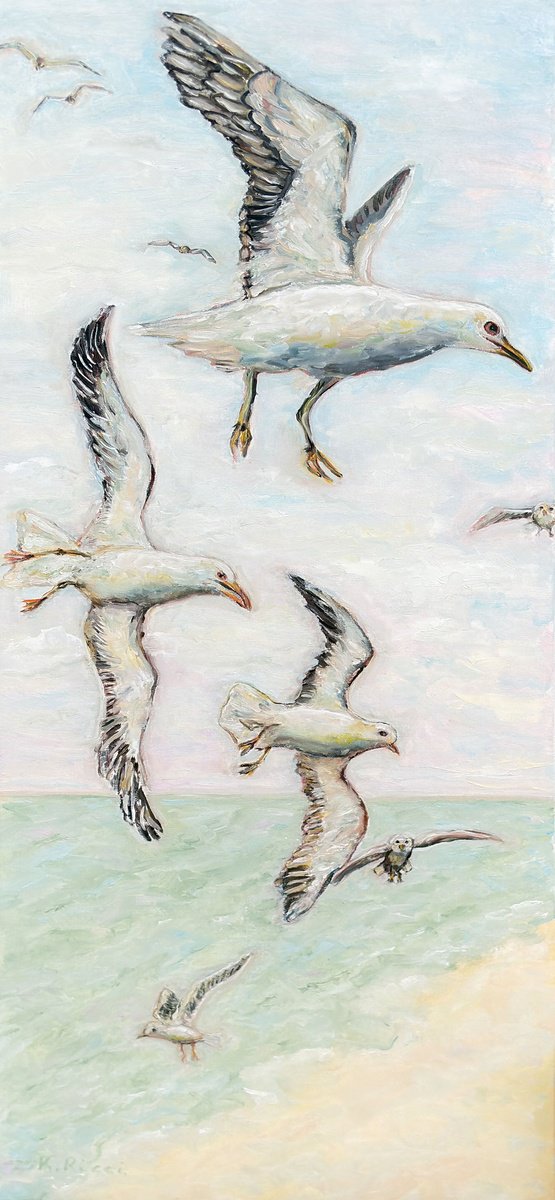 Impressionistic Landscape Oil Painting By Katia Ricci, 10 X 28", Seaguardians, Original Artwork