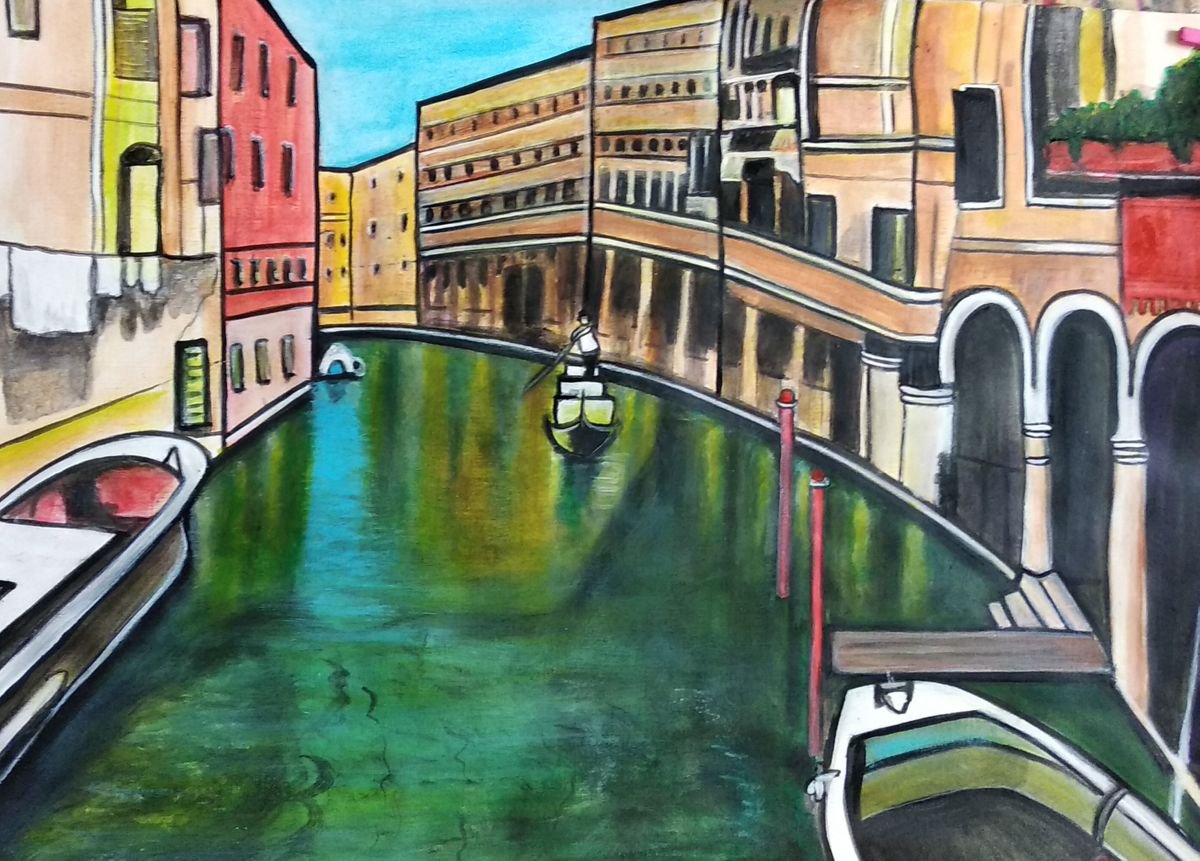 Morning in Venice Italy canal painting on sale by Manjiri Kanvinde