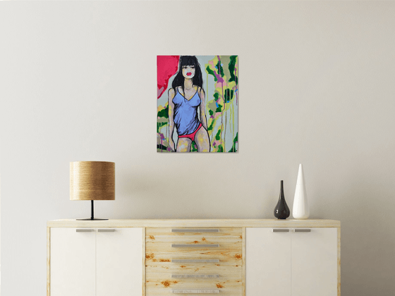 Green Loving Hot Peppers Girl - Original Modern Painting Art on Canvas Ready To Hang