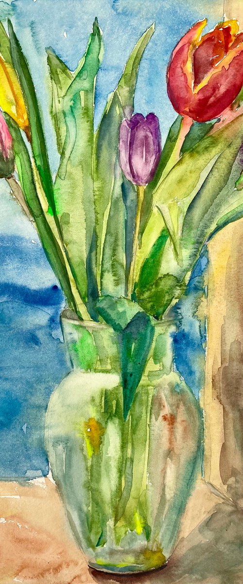 Tulips Original Watercolor Painting, Mothers Day Gift, Boho Colorful Wall Decor by Kate Grishakova