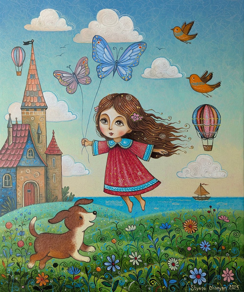 Naive Portrait Oil Painting By Stepan Ohanyan, 20 X 24", Childhood Imagination, Original Artwork