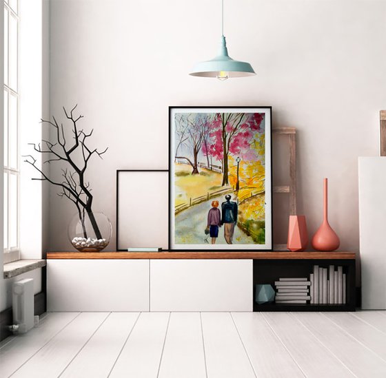 Couple Painting Central Park NYC Original Art Walk in Spring Park Watercolor Stroll Small Home Wall Art 8 by 12" by Halyna Kirichenko