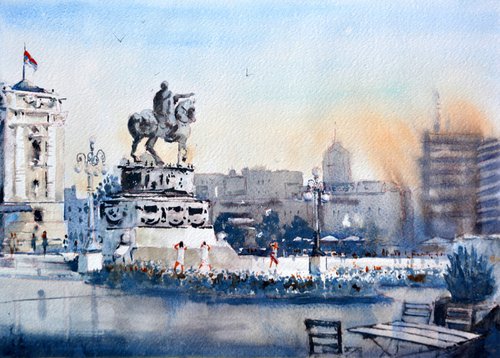 Blue day at Old Republic Square Belgrade 25x35 cm 2024 by Nenad Kojić watercolorist