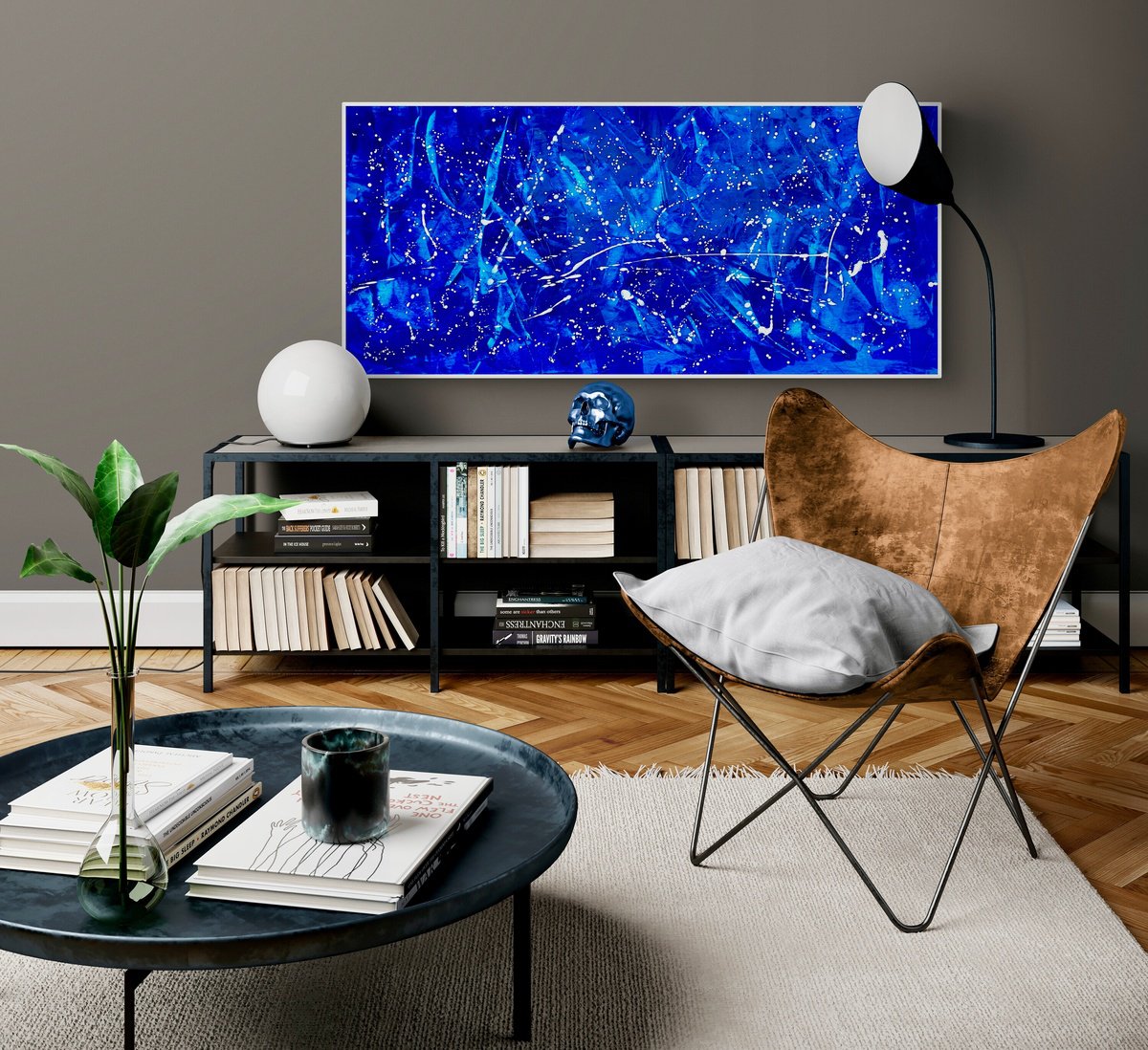 Abstract Acrylic Painting By Anita Kaufmann, 59 X 28, Blue Abstract No. 4624, Original Artwork