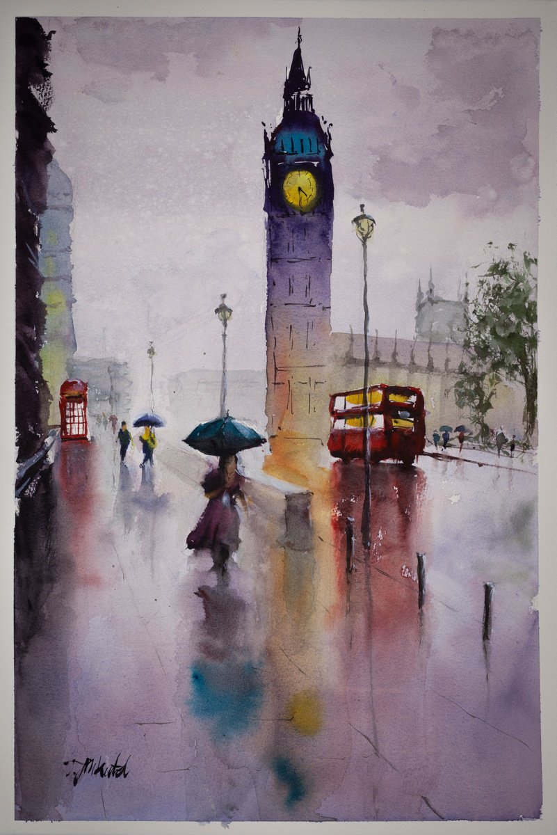 Impressionistic Cityscapes Watercolour By Tomasz Mikutel, 15 X 22", Rainy Day (London), Original Artwork