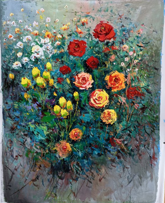 Still life oil painting:flowers in the garden