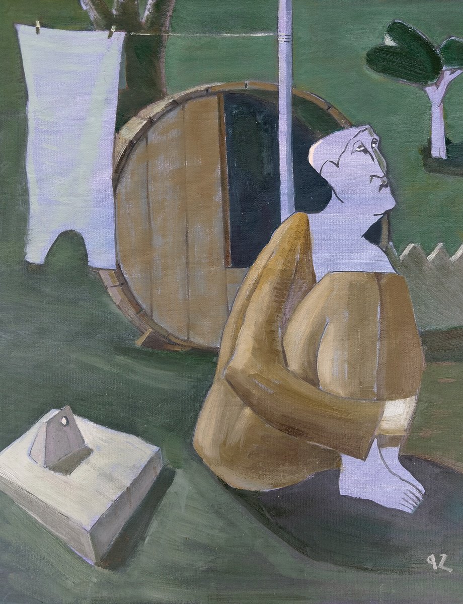 Naive Portrait Oil Painting By Gegham Hunanyan, 16 X 20, The Quiet Contemplation, Original Artwork