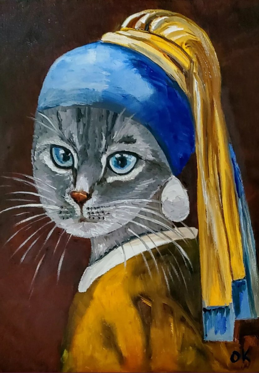 Impressionistic Animal Oil Painting By Olga Koval, 12 X 16", British Blue Cat, Original Artwork