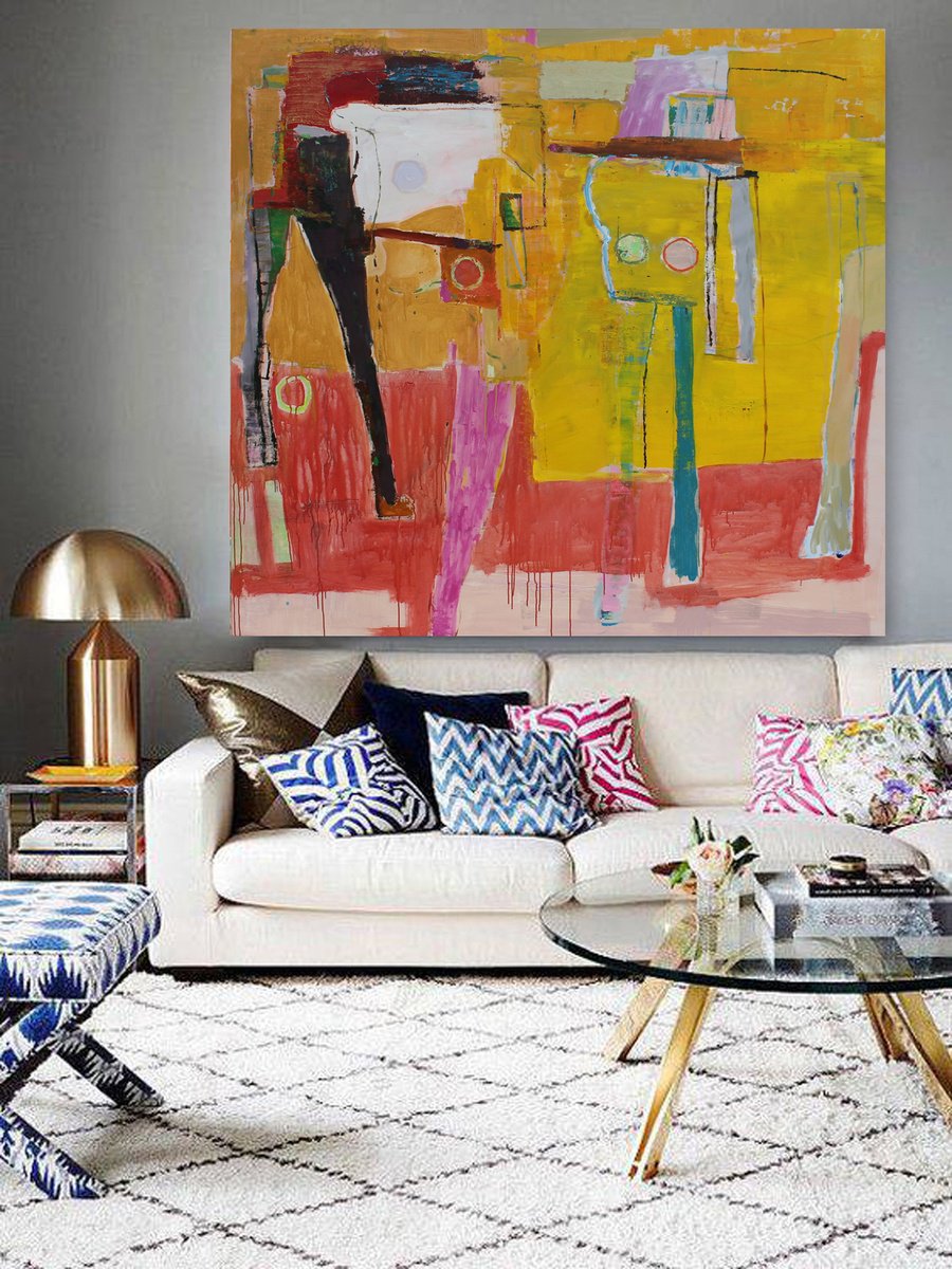 Geometric Abstract Acrylic Painting By Sergiy Dekalyuk, 81 X 76", Tiger Tamers, Original Artwork