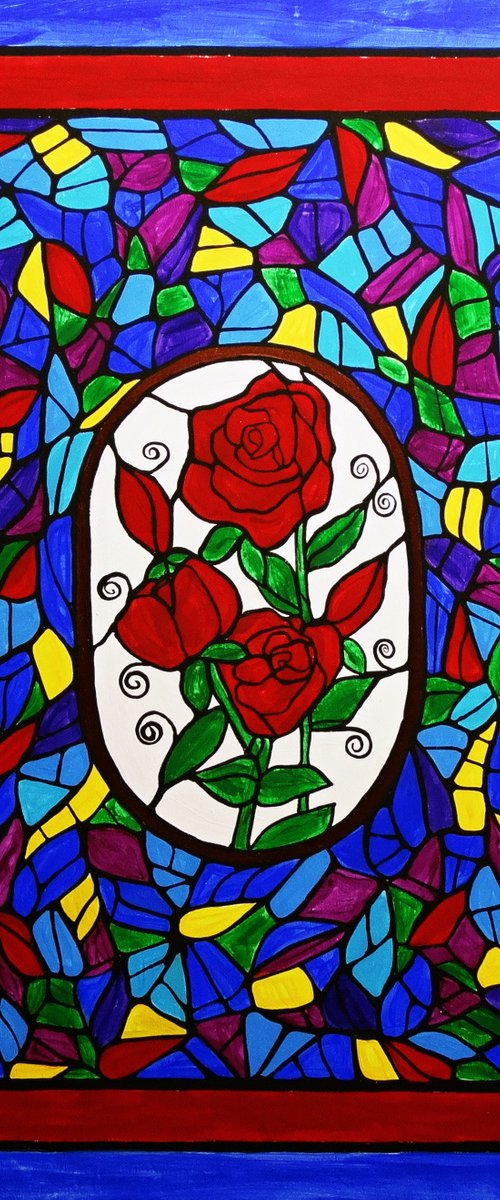 Red roses on church window by Rachel Olynuk