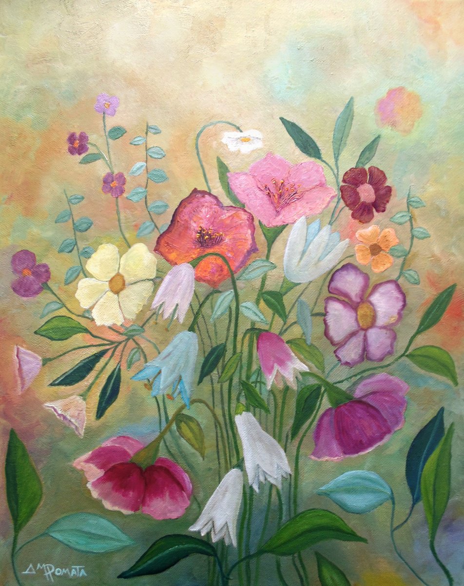 Impressionistic Botanical Oil Painting By Angeles M. Pomata, 13 X 16, Blooming In The Dusk, Original Artwork