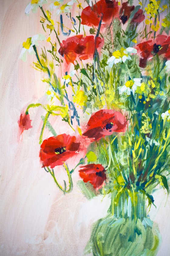 Poppies and camomiles. Summer bouquet in a studio. Bright colors medium size interior abstract flowers red yellow tender