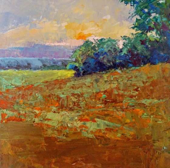 Beneath the orange sky landscape oil painting