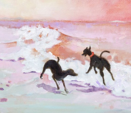 Two Whippets Playing in the Waves