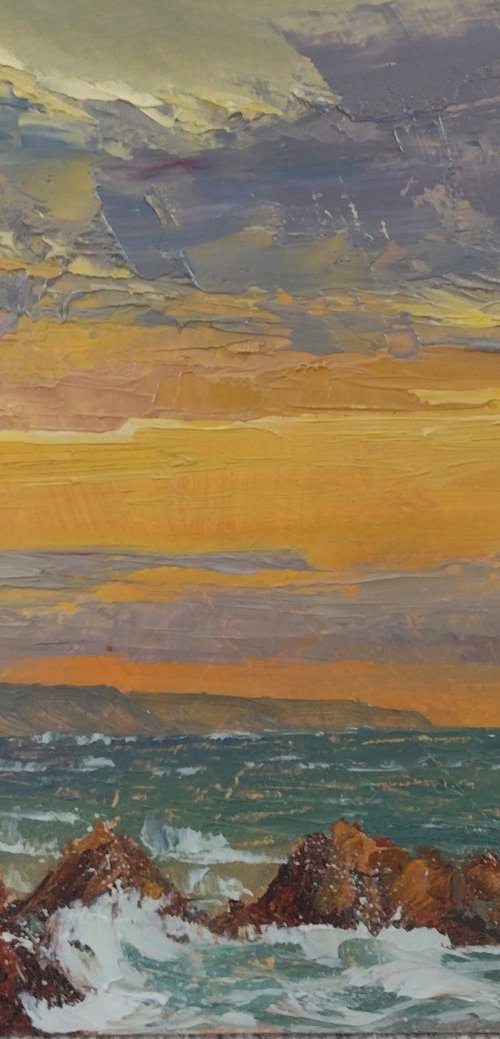 Heartland Quay sunset, North Devon, oil painting by Roberto Ponte