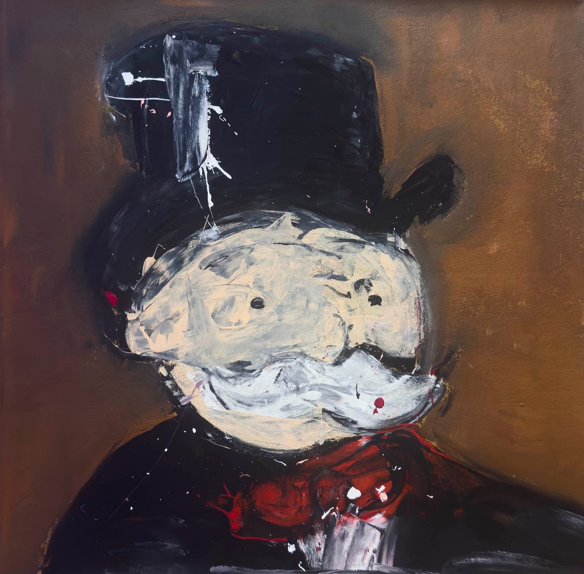 Abstract Portrait Acrylic Painting By Carlos Pun Art, 20 X 20, Monopoly Man Serious Brown, Original Artwork