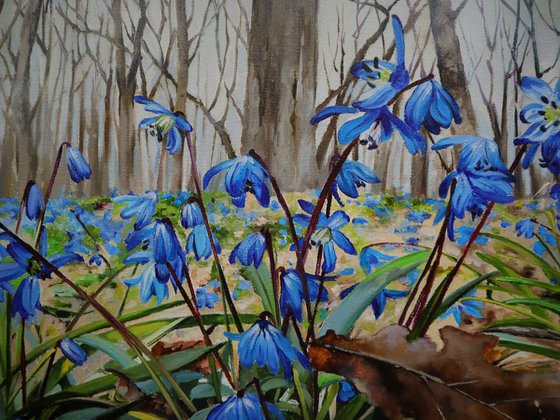 Blue Flowers Woods Art, Hyper Realistic Painting