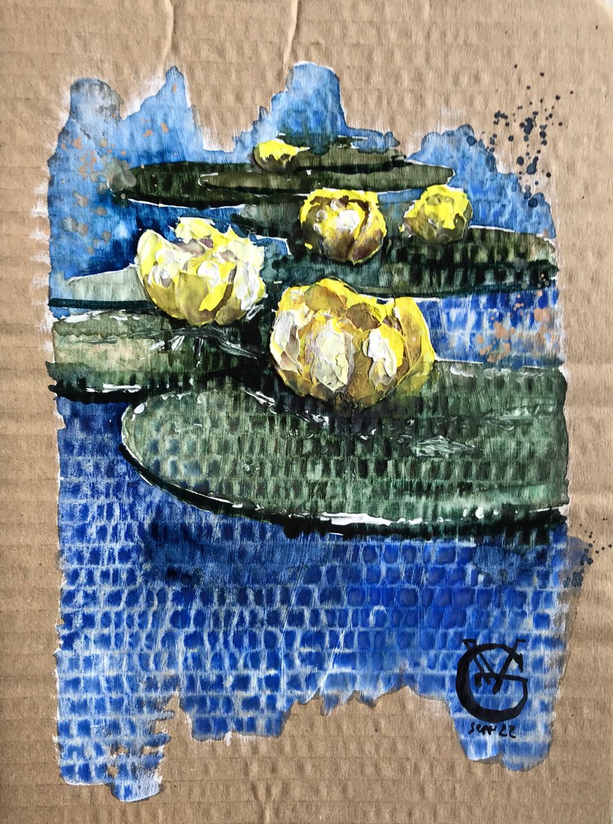 Impressionistic Botanical Painting By Valeria Golovenkina, 9 X 12", Water Lilies In Yellow 1, Original Artwork