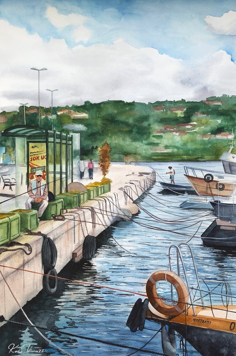 Photorealistic Landscape Watercolour By Tetiana Koda, 15 X 22", Arnavutkoy Port, Original Artwork