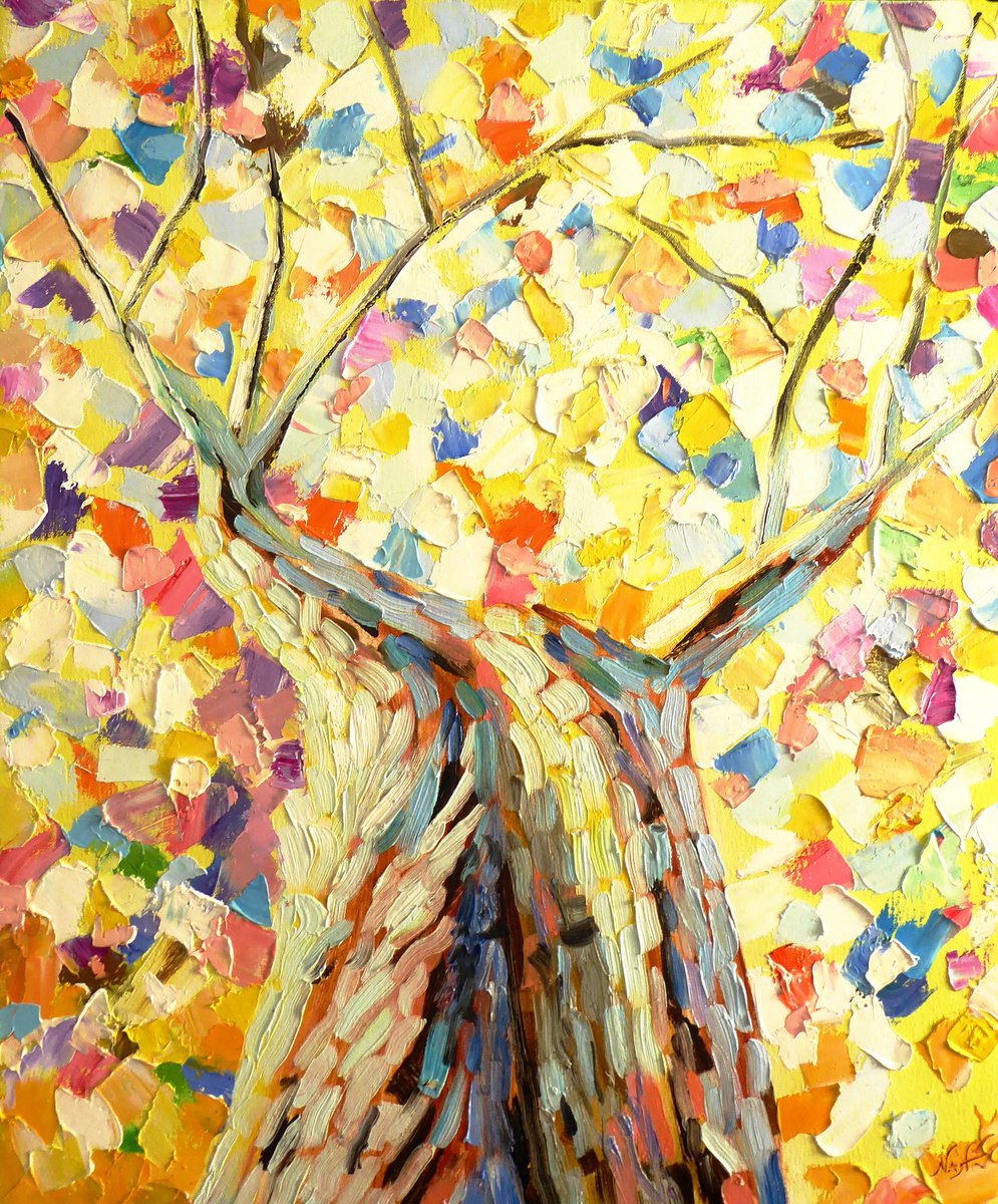 Impressionistic Landscape Oil Painting By Narek Hambardzumyan, 21 X 26", Winter Tree, Original Artwork