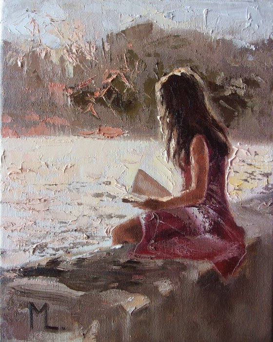 " BOOK LOVER ... II " original painting LAKE SPRING palette knife GIFT GREEN