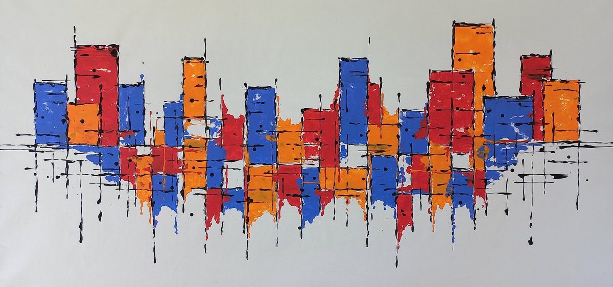 Abstract Cityscapes Acrylic Painting By Max Yaskin, 84 X 43", Architecture By M.y., Original Artwork