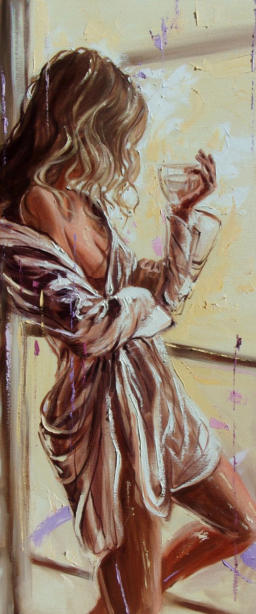 " GLASS OF WATER ... "-   liGHt  ORIGINAL OIL PAINTING, GIFT, PALETTE KNIFE nude WINDOW by Monika Luniak