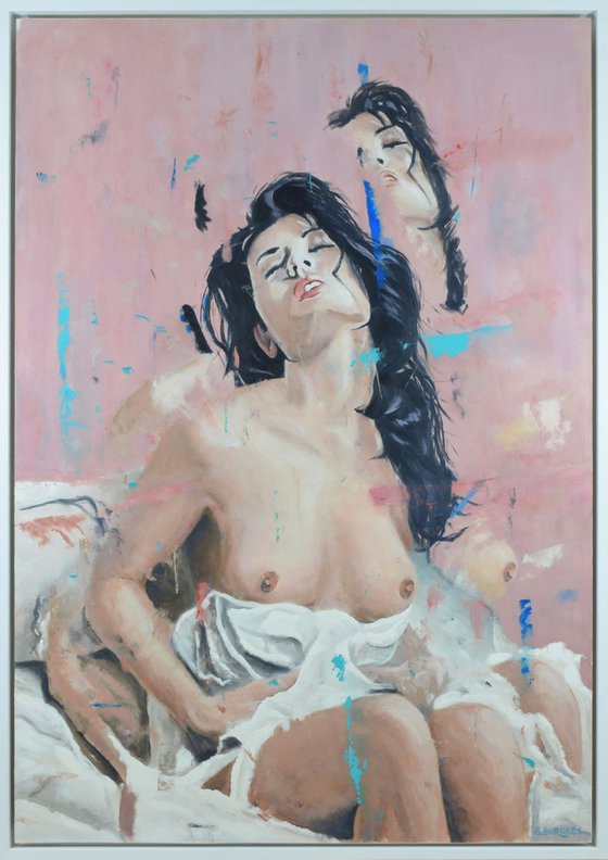 Expressive female figure study, Framed oil on board 35.5" x 25.5"