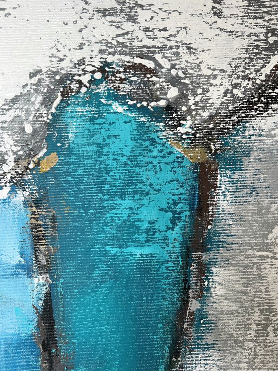 Turquoise vertical abstraction. White blue wall art.