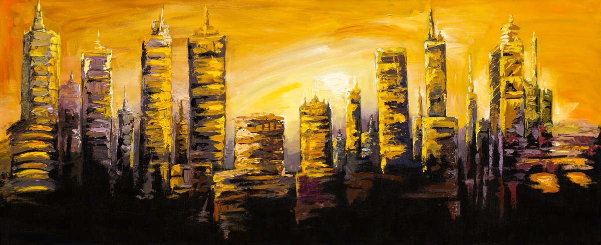 Cityscape Art | Abstract Painting | Original Handmade | Large Wall Art | Golden City | 72-? by Madhav Singh