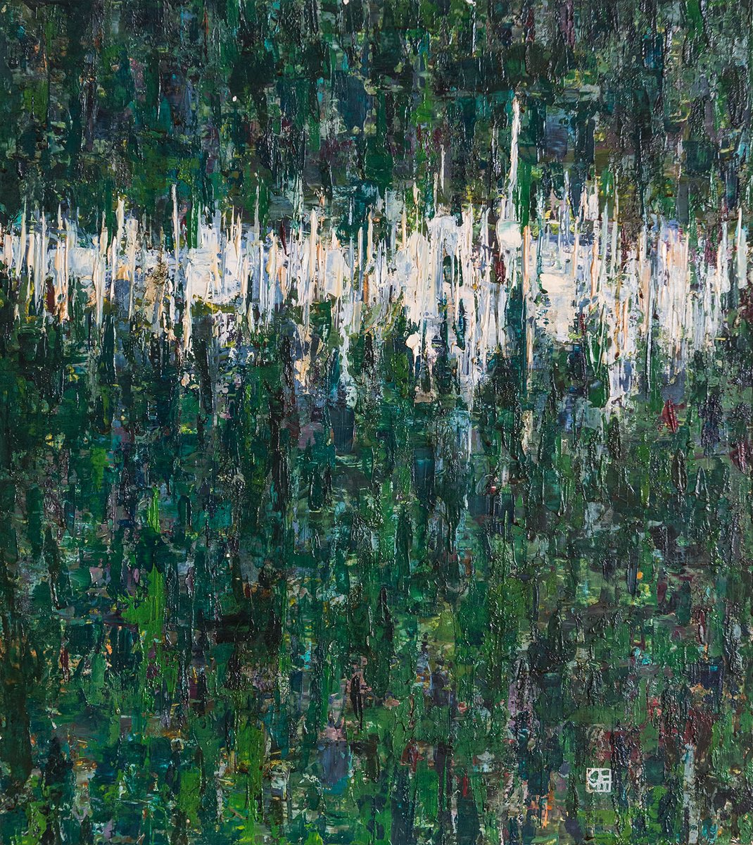 Abstract Oil Painting By Matteo Cecchinato, 23 X 26", Vibrato Verde, Original Artwork