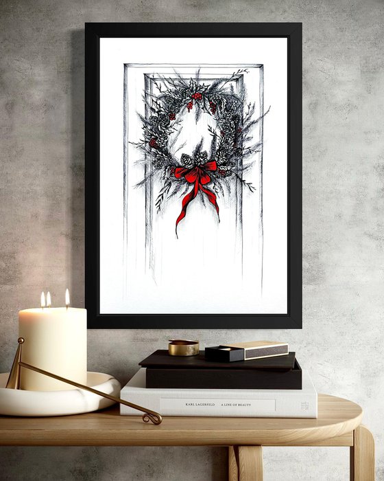 CHRISTMAS WREATH WITH A RED RIBBON