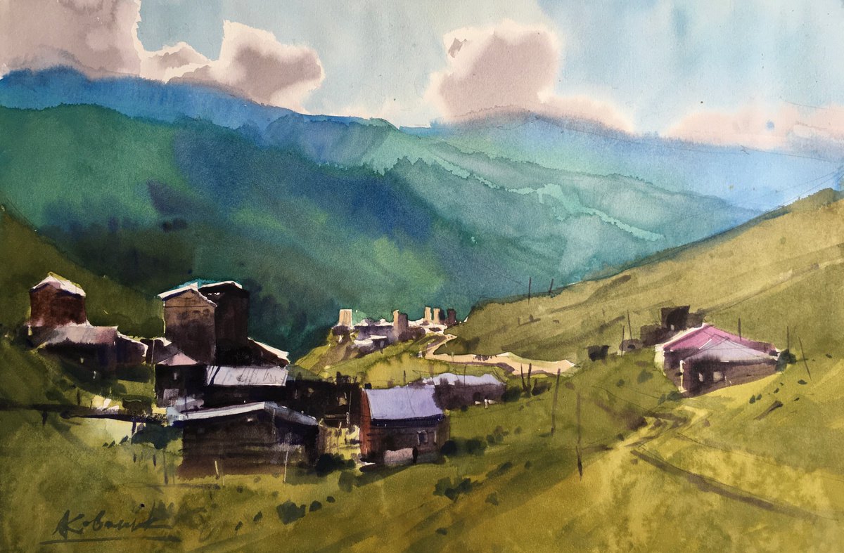 Impressionistic Landscape Watercolour By Andrii Kovalyk, 22 X 15, In The Mountains Of Svaneti. Ushguli, Georgia, Artfinder