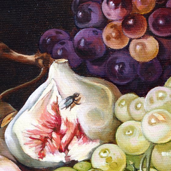 Still life with grapes, plums, figs and a melon