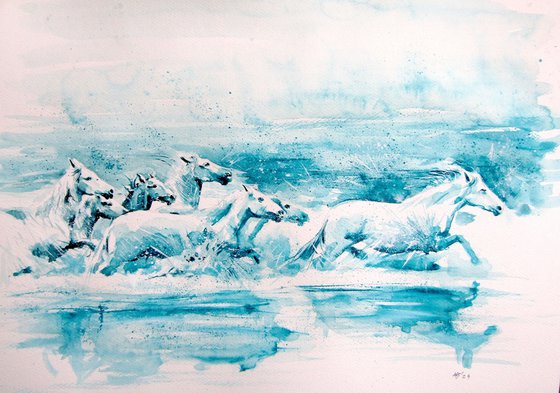 Running horses in the river