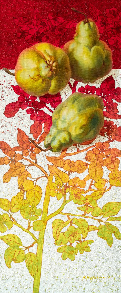Three pears on flower pattern tablecloth by Mariia Meltsaeva