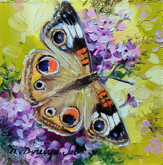 Butterfly oil painting original 4x4 small art framed, Yellow purple Buckeye butterfly painting