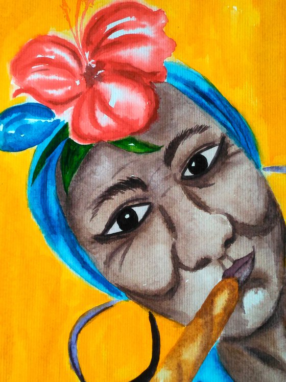 Cuba Painting Woman Portrait Original Art Smoking Cuban Lady Watercolor Small Artwork Home Wall Art 8 by 11" by Halyna Kirichenko