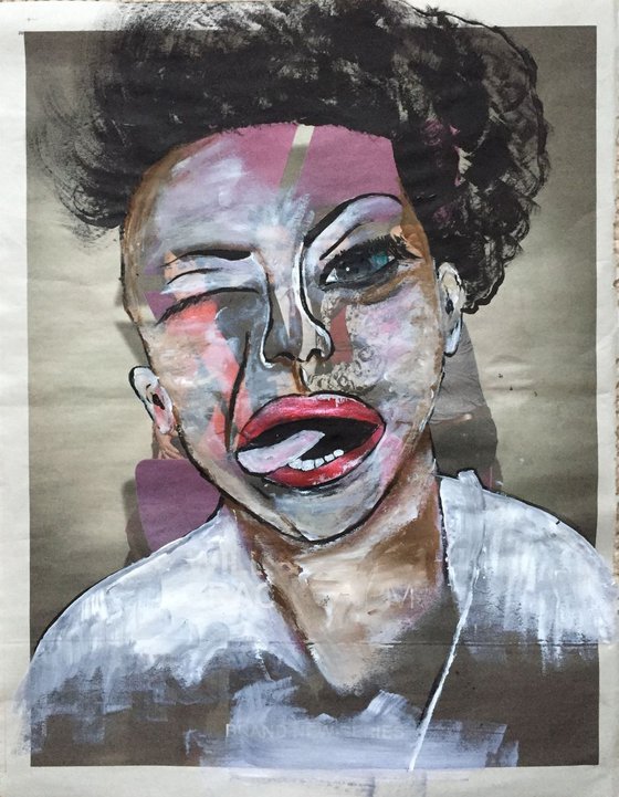 Tongue In Cheek Acrylic on Newspaper Face Art Woman Portrait Red Lips 37x29cm Gift Ideas Original Art Modern Art Contemporary Painting Abstract Art For Sale Buy Original Art Free Shipping