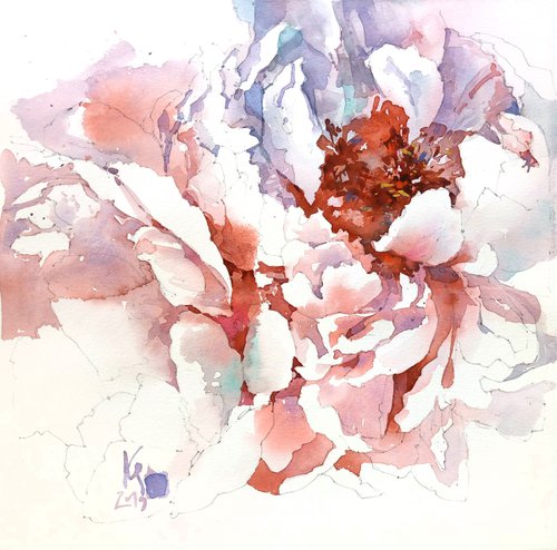 Modern watercolor "Coral peony petals" by Ksenia Selianko