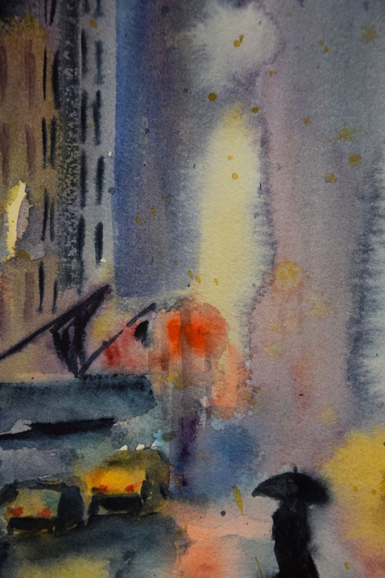 Rainy night New York original watercolor painting, abstract cityscape