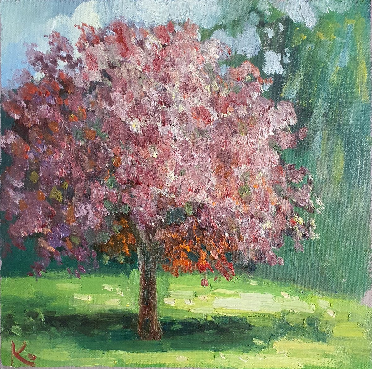 Impressionistic Landscape Oil Painting By Olena Kolotova, 12 X 12", Landscape "Sunny Tree", Original Artwork
