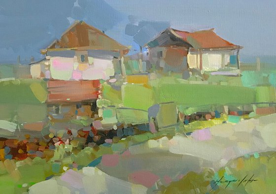 Village, Landscape oil painting, Handmade artwork,