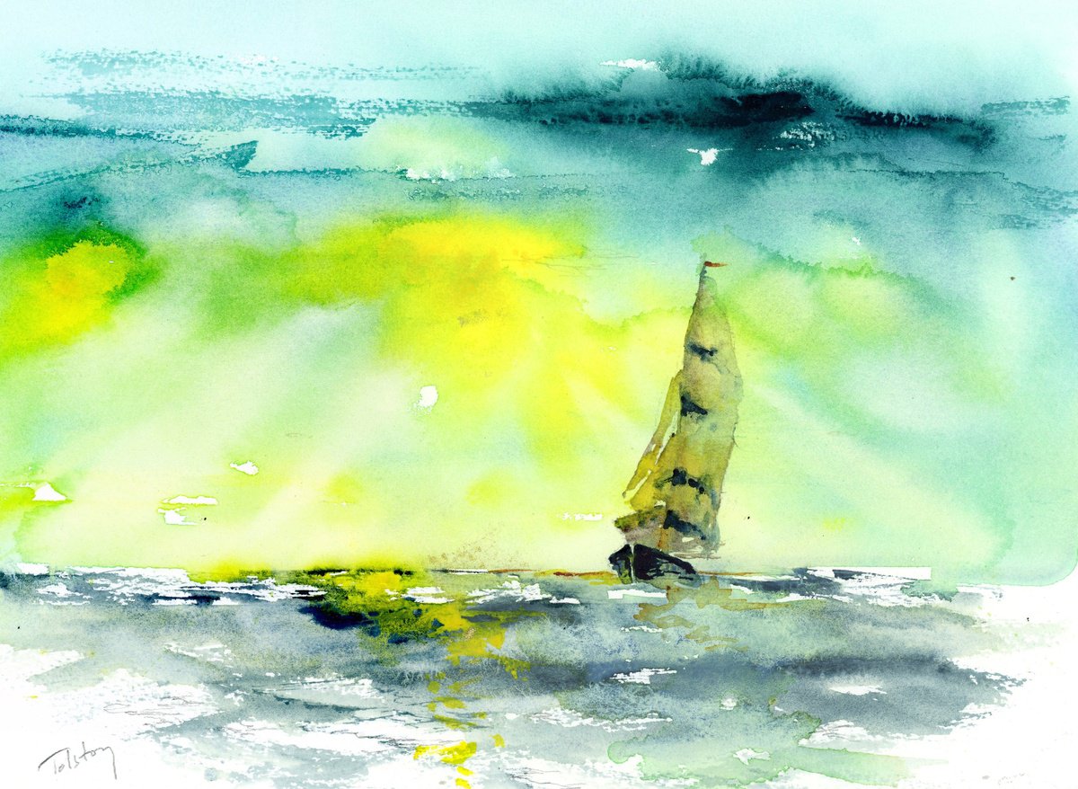 Impressionistic Landscape Watercolour By Alex Tolstoy, 14 X 10, The Beckoning Sea, Original Artwork