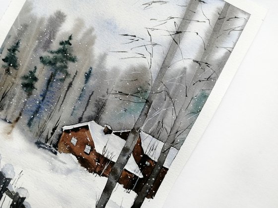 Winter farmhouse painting.